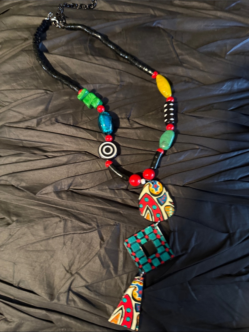 Hand-Painted Multicolor Pendant Necklace with Teal Accents - Picture 2 of 5